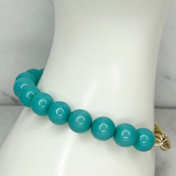 Faux Turquoise Bubble Beaded Gold Tone Chain Stretch Bracelet - Picture 4 of 6